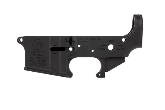 The Aero Precision stripped M4 lower receiver features accurate markings like safe, semi, and auto